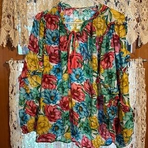 Ladies floral blouse, long sleeve ruffles all around
